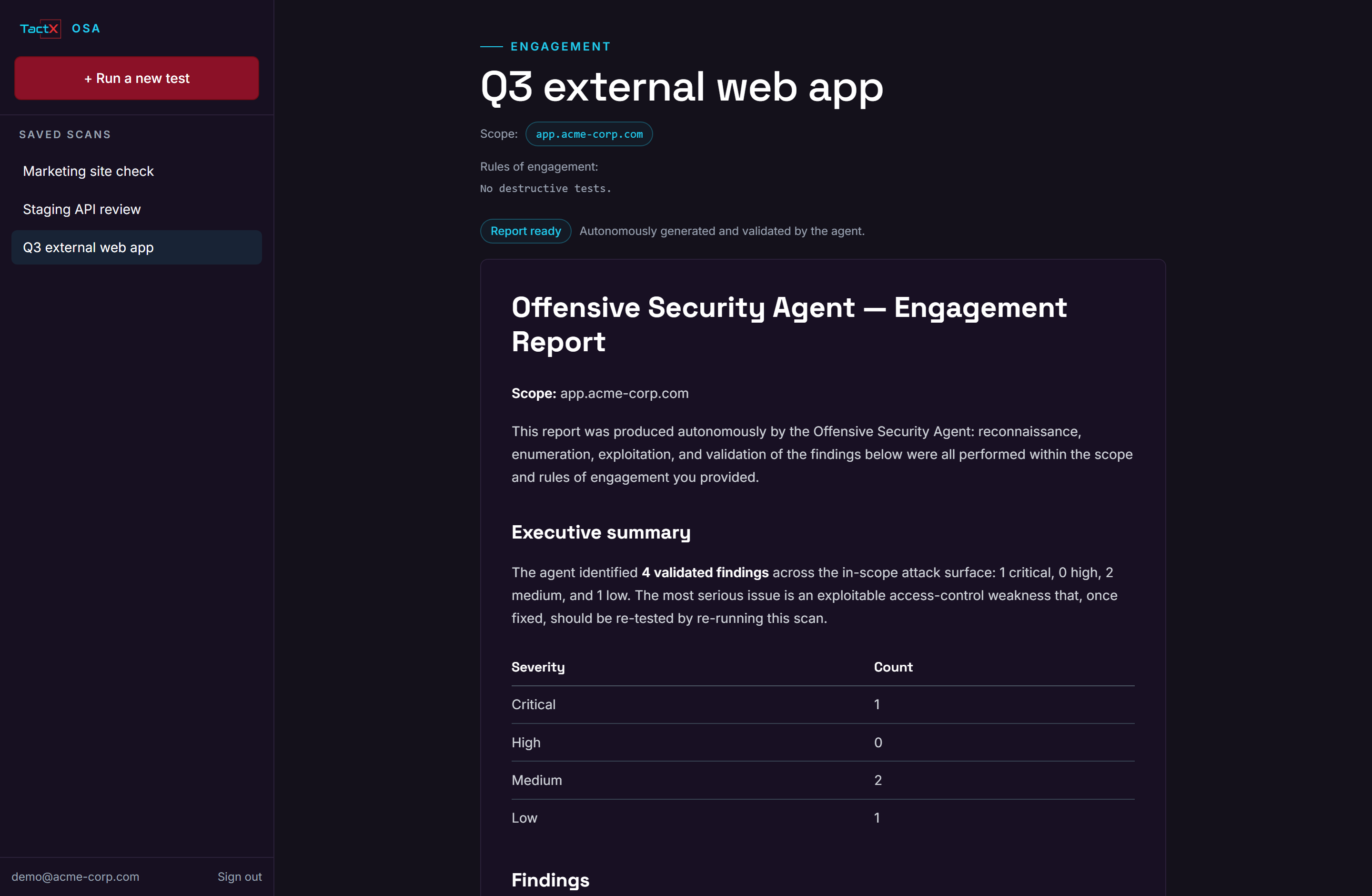 A completed penetration-test report in the Offensive Security Agent portal