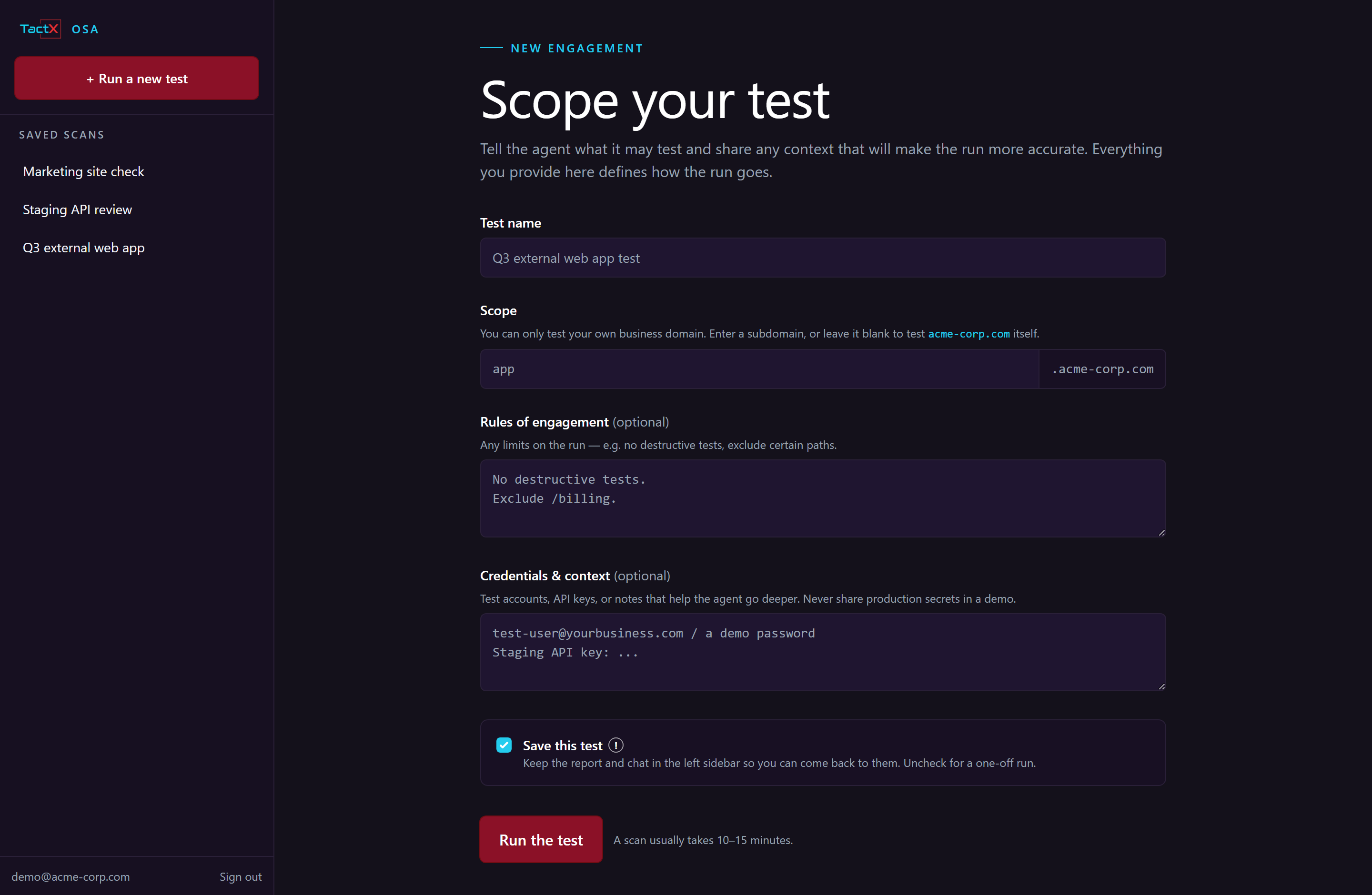 Scoping a new test in the Offensive Security Agent portal